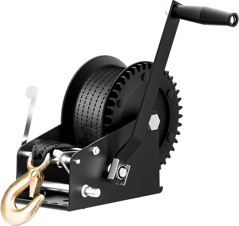 ROMON 3500lbs Boat Trailer Winch with 33 Foot Polyester Belt, 2-Way Ratchet 4:1/8:1 Gears, Portable Winch for Boats, Trucks, Trailers, Rv, ATV, Jet Skiing, Manual Crank Winch Come with 2 Gloves - Image 1